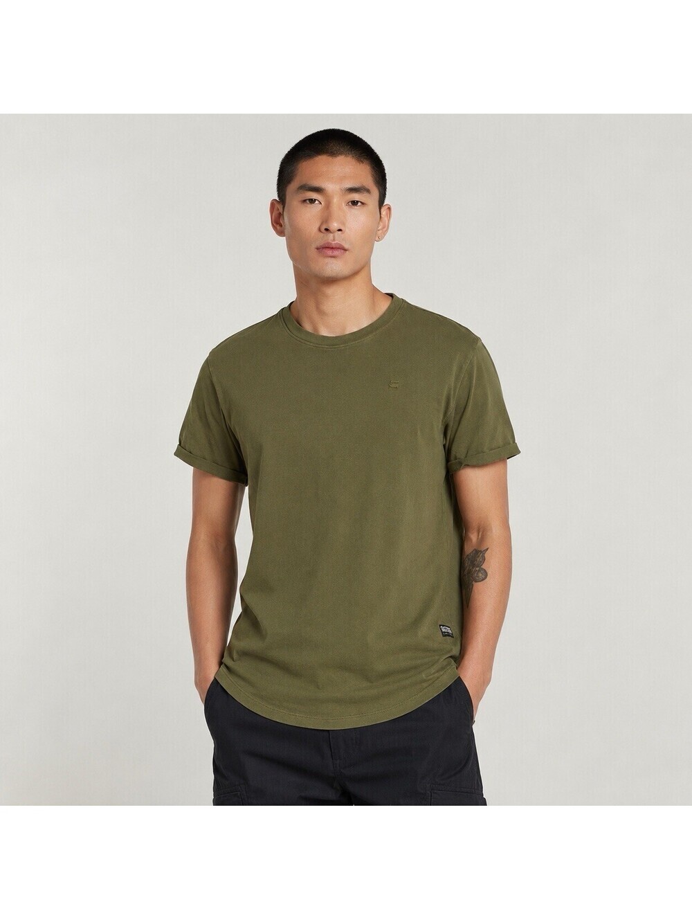 G-Star RAW Olive Green Crewneck T-Shirt Mens M Longline Curved Hem Streetwear